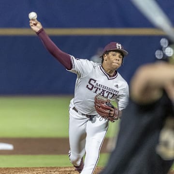 Mississippi State Bulldogs pitcher Jurrangelo Cijntje (50) pitches against the Vanderbilt Commodores during the SEC Baseball Tournament at Hoover Metropolitan Stadium on May 23.