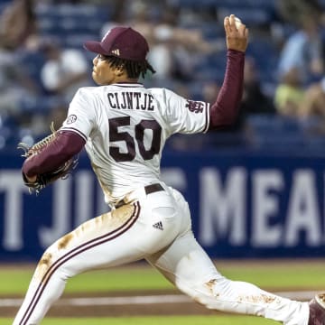 May 23, 2024; Hoover, AL, USA; Mississippi State Bulldogs pitcher Jurrangelo Cijntje (50) pitches against the Vanderbilt Commodores during the SEC Baseball Tournament at Hoover Metropolitan Stadium. Vasha Hunt-USA TODAY Sports