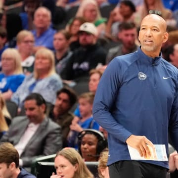 Apr 12, 2024; Dallas, Texas, USA; Detroit Pistons head coach Monty Williams looks on during the game against the Dallas Mavericks American Airlines Center. Mandatory Credit: Chris Jones-USA TODAY Sports