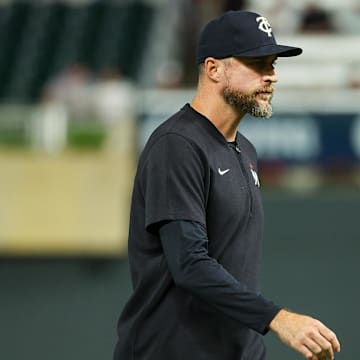 Aug 28, 2024; Minneapolis, Minnesota, USA; Minnesota Twins manager Rocco Baldelli (5) looks on during the seventh inning against the Atlanta Braves at Target Field. Mandatory Credit: Matt Krohn-Imagn Images