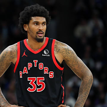 Apr 3, 2024; Minneapolis, Minnesota, USA; Toronto Raptors center Malik Williams (35) looks on during the third quarter against the Minnesota Timberwolves at Target Center. Mandatory Credit: Matt Krohn-Imagn Images