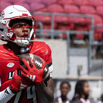 Louisville Cardinals wide receiver Ahmari Huggins-Bruce (24) warms up ahead of their game against the Jacksonville State Gamecocks on Saturday, Sept. 7, 2024 at L&N Federal Credit Union Stadium in Louisville, Ky.