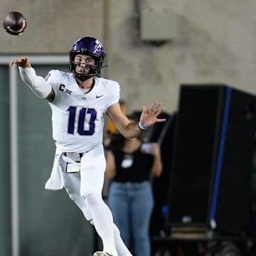 Nov 2, 2024; Waco, Texas, USA;  TCU Horned Frogs quarterback Josh Hoover (10) passes the ball against the Baylor Bears during the first half at McLane Stadium. Mandatory Credit: Chris Jones-Imagn Images