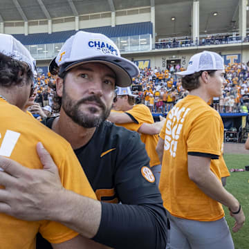 May 26, 2024; Hoover, AL, USA; Tennessee Volunteers head coach Tony Vitello celebrates with his team after the championship game between Tennessee and LSU at the SEC Baseball Tournament at Hoover Metropolitan Stadium. Mandatory Credit: Vasha Hunt-Imagn Images