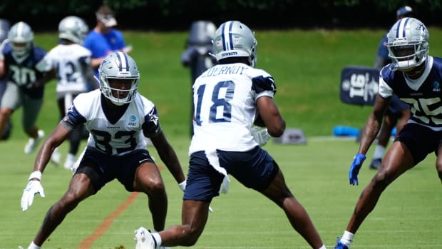 Dallas Cowboys wide receiver Ryan Flournoy (18) goes through a drill during practice at the Ford Center