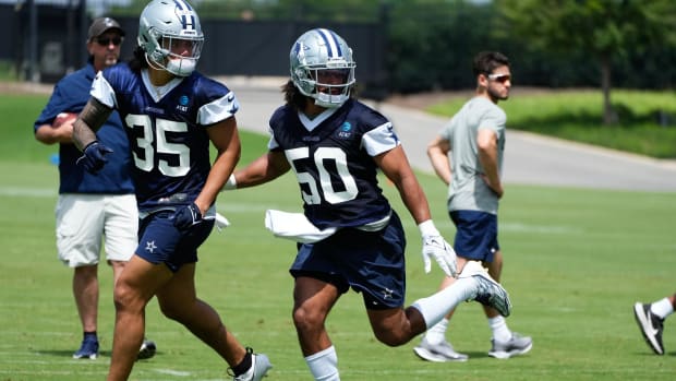 Dallas Cowboys linebacker Marist Liufau (35) and linebacker Eric Kendricks (50) go through a drill during practice at the For