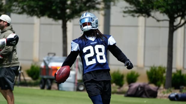 Dallas Cowboys safety Malik Hooker (28) goes through a drill during practice at the Ford Center at the Star Training Facility