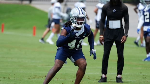 Dallas Cowboys cornerback Caelen Carson (41) goes through a drill during practice at the Ford Center at the Star 