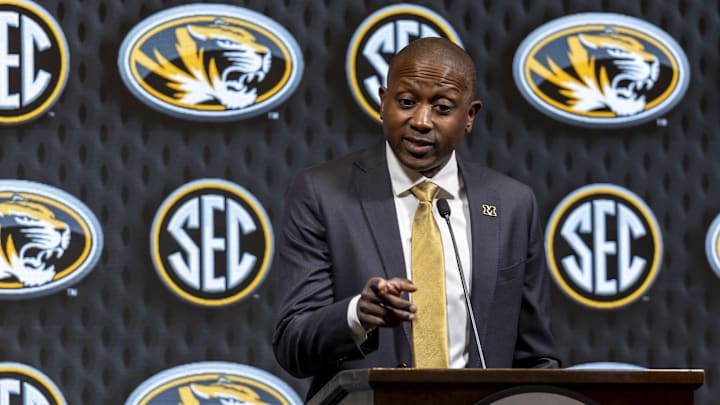 Oct 15, 2024; Birmingham, AL, USA; Missouri Tigers head coach Dennis Gates talks with the media during SEC Media Days at Grand Bohemian Hotel. Mandatory Credit: Vasha Hunt-Imagn Images