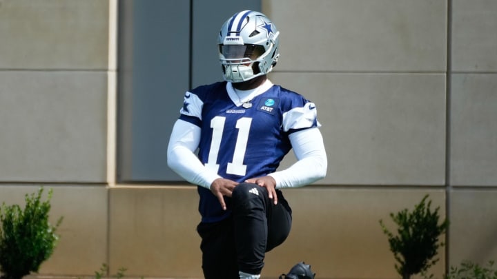 Jun 5, 2024; Frisco, TX, USA;  Dallas Cowboys linebacker Micah Parson (11) warms up during practice at the Ford Center at the Star Training Facility in Frisco, Texas. Mandatory Credit: Chris Jones-USA TODAY Sports