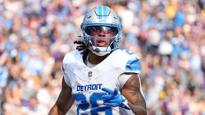 Oct 20, 2024; Minneapolis, Minnesota, USA; Detroit Lions running back Jahmyr Gibbs (26) celebrates his touchdown against the Minnesota Vikings during the second quarter at U.S. Bank Stadium. Mandatory Credit: Matt Krohn-Imagn Images