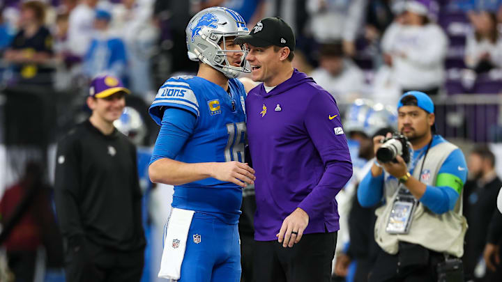 Dec 24, 2023; Minneapolis, Minnesota, USA; Minnesota Vikings head coach Kevin O'Connell and Detroit Lions quarterback Jared Goff (16) talk before the game at U.S. Bank Stadium. Mandatory Credit: Matt Krohn-Imagn Images