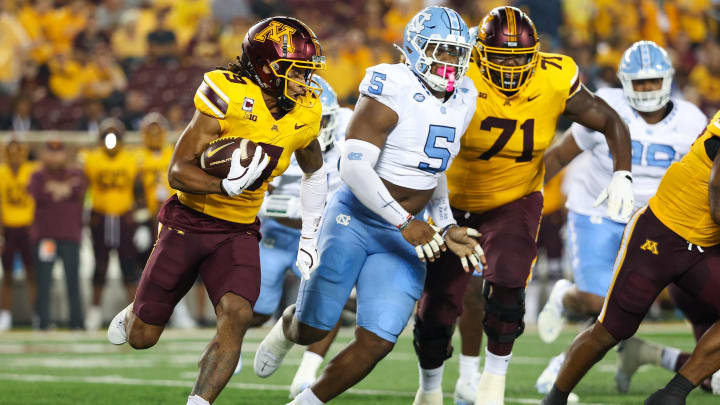 Aug 29, 2024; Minneapolis, Minnesota, USA; Minnesota Golden Gophers wide receiver Daniel Jackson (9) runs the ball against the North Carolina Tar Heels during the first half at Huntington Bank Stadium. Mandatory Credit: Matt Krohn-USA TODAY Sports