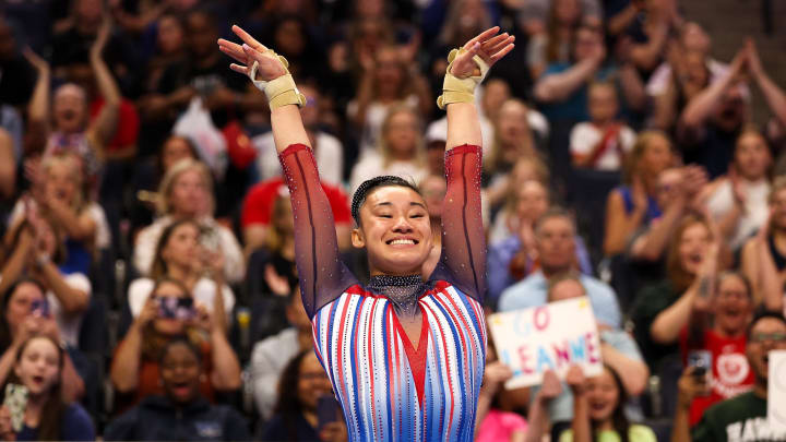 Jun 28, 2024; Minneapolis, Minnesota, USA; Leanne Wong celebrates her vault during the U.S. Olympic Team Gymnastics Trials at Target Center. Mandatory Credit: Matt Krohn-USA TODAY Sports