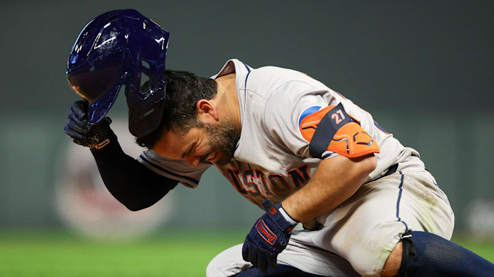 Jul 5, 2024; Minneapolis, Minnesota, USA; Houston Astros second baseman Jose Altuve (27) reacts after getting hit by a pitch during the eighth inning against the Minnesota Twins at Target Field. Mandatory Credit: Matt Krohn-USA TODAY Sports