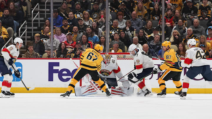 Apr 5, 2026; Pittsburgh, Pennsylvania, USA; Florida Panthers goalie Daniil Tarasov (40) makes a save against the Pittsburgh Penguins during the second period at PPG Paints Arena. Mandatory Credit: Mark Alberti-Imagn Images