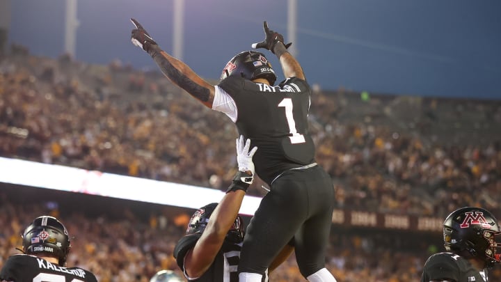 Sep 9, 2023; Minneapolis, Minnesota, USA; Minnesota Golden Gophers running back Darius Taylor (1) celebrates his touchdown against the Eastern Michigan Eagles during the second quarter at Huntington Bank Stadium. Mandatory Credit: Matt Krohn-USA TODAY Sports