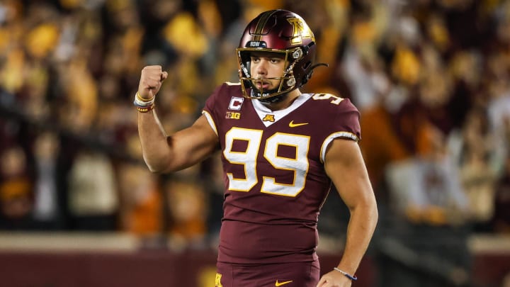 Minnesota kicker Dragan Kesich (99) celebrates his field goal against Michigan during the first quarter at Huntington Bank Stadium in Minneapolis on Oct. 7, 2023. 