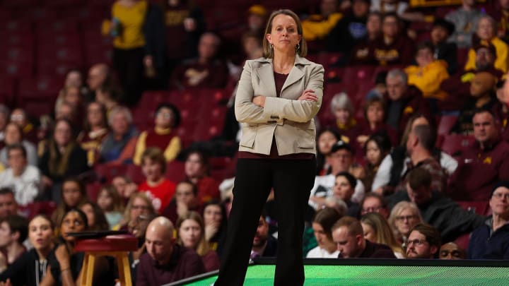 Minnesota coach Dawn Plitzuweit looks on during the second half against Ohio State at Williams Arena in Minneapolis on Feb. 8, 2024. 