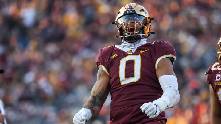 Nov 4, 2023; Minneapolis, Minnesota, USA; Minnesota Golden Gophers defensive lineman Anthony Smith (0) celebrates a tackle against the Illinois Fighting Illini during the second half at Huntington Bank Stadium. Mandatory Credit: Matt Krohn-USA TODAY Sports