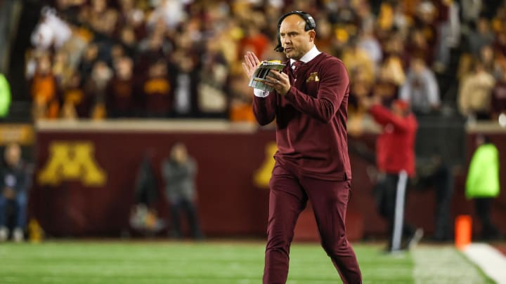 Oct 7, 2023; Minneapolis, Minnesota, USA; Minnesota Golden Gophers head coach P.J. Fleck looks on during the second quarter against the Michigan Wolverines at Huntington Bank Stadium. Mandatory Credit: Matt Krohn-USA TODAY Sports