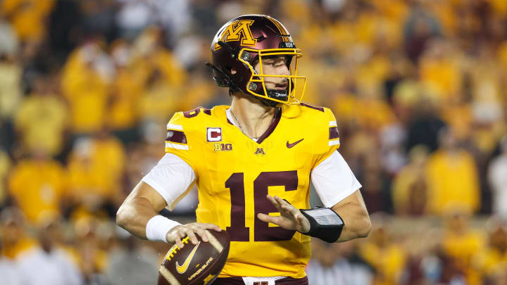 Aug 29, 2024; Minneapolis, Minnesota, USA; Minnesota Golden Gophers quarterback Max Brosmer (16) throws the ball against the North Carolina Tar Heels during the first half at Huntington Bank Stadium. Mandatory Credit: Matt Krohn-USA TODAY Sports