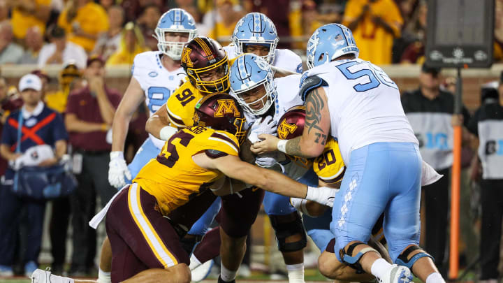 North Carolina running back Omarion Hampton (28) runs the ball against Minnesota during the first half at Huntington Bank Stadium in Minneapolis on Aug. 29, 2024.