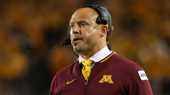 Aug 29, 2024; Minneapolis, Minnesota, USA; Minnesota Golden Gophers head coach P.J. Fleck looks on during the second half against the North Carolina Tar Heels at Huntington Bank Stadium. Mandatory Credit: Matt Krohn-USA TODAY Sports