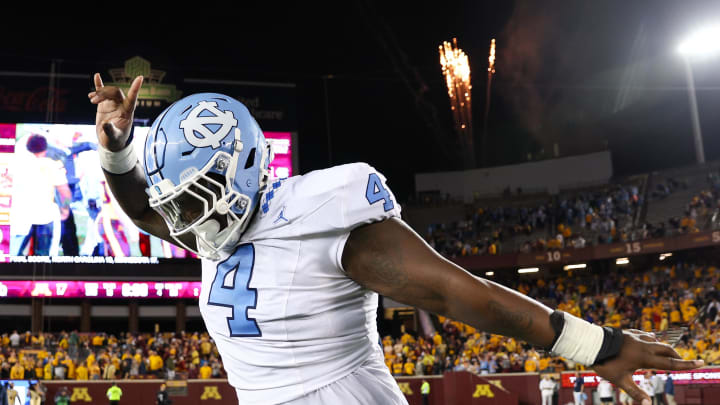 North Carolina defensive lineman Travis Shaw (4) celebrates his team's win against Minnesota after the game at Huntington Bank Stadium in Minneapolis on Aug. 29, 2024.