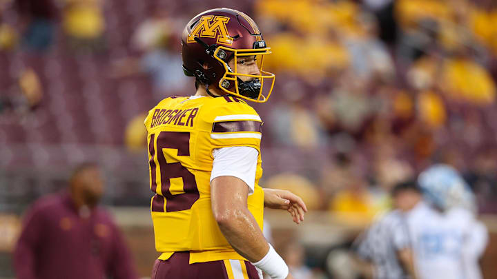 Aug 29, 2024; Minneapolis, Minnesota, USA; Minnesota Golden Gophers quarterback Max Brosmer (16) warms up before the game against the North Carolina Tar Heels at Huntington Bank Stadium. Mandatory Credit: Matt Krohn-Imagn Images