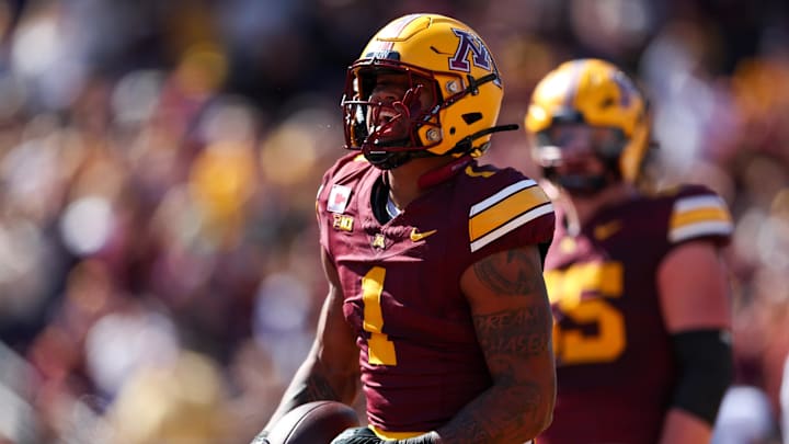 Sep 7, 2024; Minneapolis, Minnesota, USA; Minnesota Golden Gophers running back Darius Taylor (1) celebrates his touchdown against the Rhode Island Rams during the first half at Huntington Bank Stadium. Mandatory Credit: Matt Krohn-Imagn Images