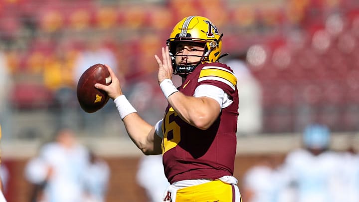 Sep 7, 2024; Minneapolis, Minnesota, USA; Minnesota Golden Gophers quarterback Max Brosmer (16) warms up before the game against the Rhode Island Rams at Huntington Bank Stadium. Mandatory Credit: Matt Krohn-Imagn Images