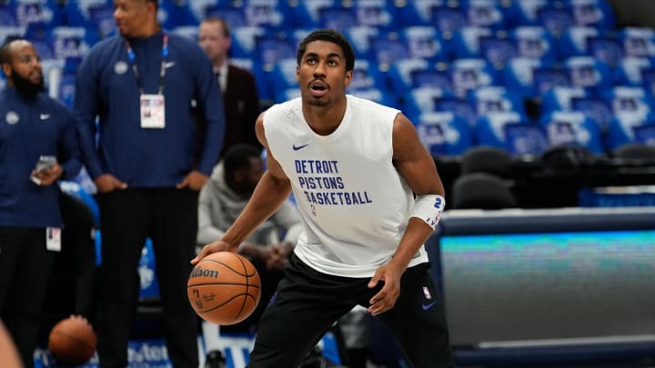 Apr 12, 2024; Dallas, Texas, USA; Detroit Pistons guard Jaden Ivey (23) warms up before the game against the Dallas Mavericks at American Airlines Center. Mandatory Credit: Chris Jones-USA TODAY Sports