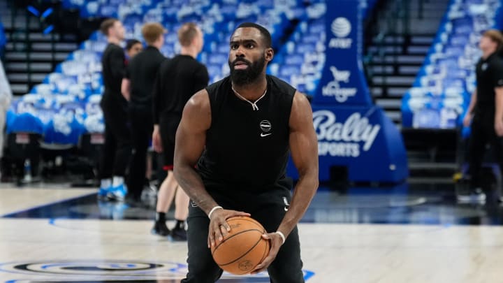 Apr 12, 2024; Dallas, Texas, USA; Dallas Mavericks forward Tim Hardaway Jr. (10) warms up before the game against the Detroit Pistons at American Airlines Center. Mandatory Credit: Chris Jones-USA TODAY Sports