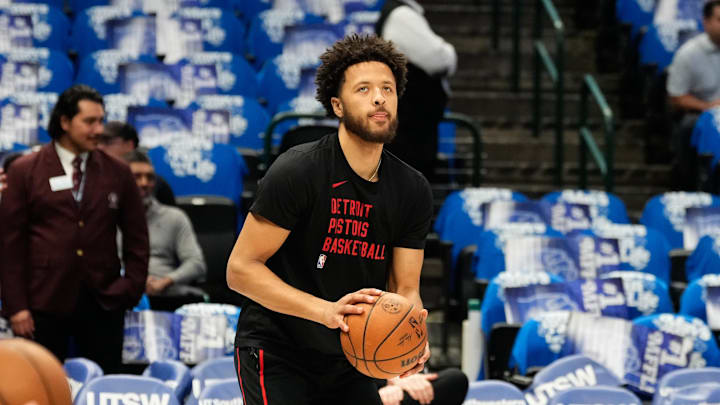 Apr 12, 2024; Dallas, Texas, USA; Detroit Pistons guard Cade Cunningham (2) warms up before the game against the Dallas Mavericks at American Airlines Center. Mandatory Credit: Chris Jones-Imagn Images