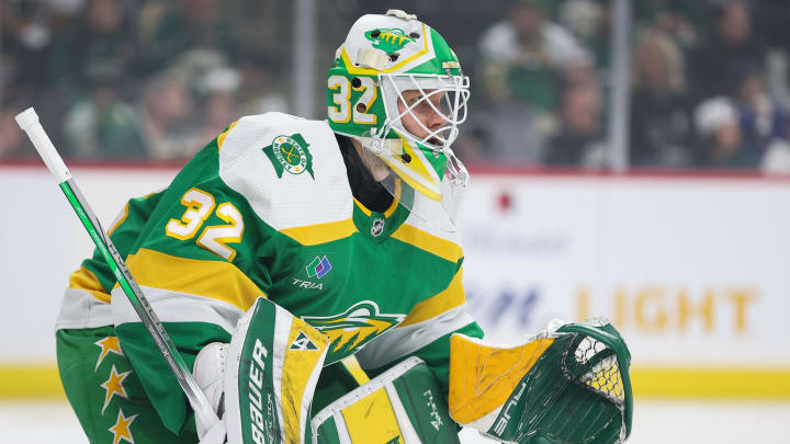 Mar 30, 2024; Saint Paul, Minnesota, USA; Minnesota Wild goaltender Filip Gustavsson (32) defends his net against the Vegas Golden Knights during the first period at Xcel Energy Center. Mandatory Credit: Matt Krohn-USA TODAY Sports