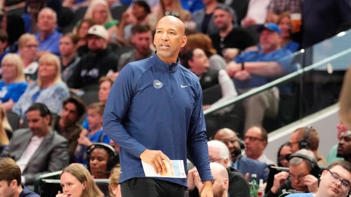 Apr 12, 2024; Dallas, Texas, USA; Detroit Pistons head coach Monty Williams looks on during the game against the Dallas Mavericks American Airlines Center. Mandatory Credit: Chris Jones-USA TODAY Sports