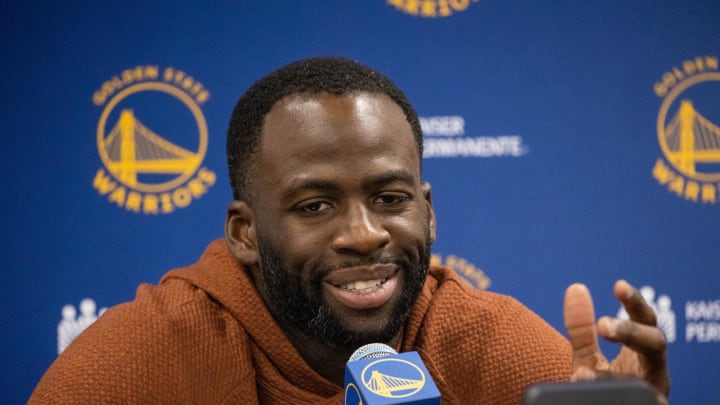 Dec 13, 2021; Indianapolis, Indiana, USA; Golden State Warriors forward Draymond Green (23) talks to media after the game against the Indiana Pacers at Gainbridge Fieldhouse. Mandatory Credit: Trevor Ruszkowski-USA TODAY Sports