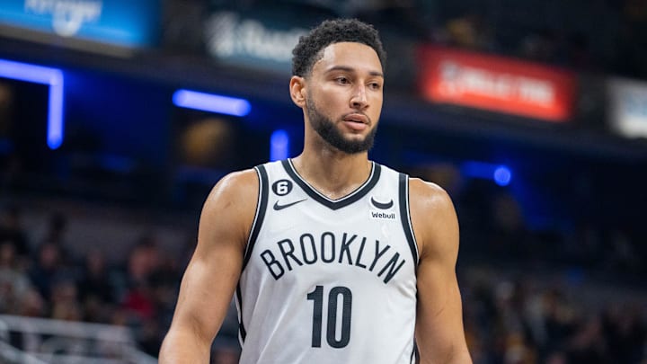 Nov 25, 2022; Indianapolis, Indiana, USA; Brooklyn Nets guard Ben Simmons (10) in the first quarter against the Indiana Pacers at Gainbridge Fieldhouse. Mandatory Credit: Trevor Ruszkowski-Imagn Images