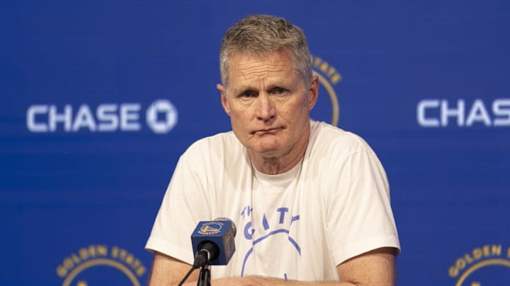 Mar 22, 2024; San Francisco, California, USA; Golden State Warriors head coach Steve Kerr talks with the media before the game against the Indiana Pacers at Chase Center. Mandatory Credit: John Hefti-Imagn Images