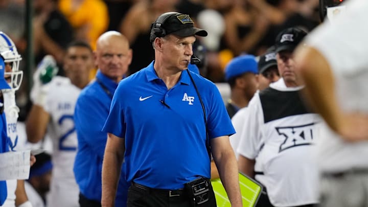 Sep 14, 2024; Waco, Texas, USA; Air Force Falcons head coach Troy Calhoun looks on against the Baylor Bears during the second half at McLane Stadium. Mandatory Credit: Chris Jones-Imagn Images