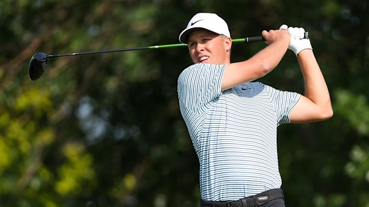 Jul 25, 2024; Blaine, Minnesota, USA; Nick Hardy hits his tee shot on the tenth hole during the first round of the 3M Open golf tournament. Mandatory Credit: Matt Krohn-Imagn Images