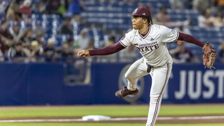 Mississippi State pitcher Jurrangelo Cijntje pitches against the Vanderbilt Commodores during the SEC Baseball Tournament in May.