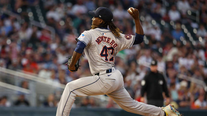 Jul 5, 2024; Minneapolis, Minnesota, USA; Houston Astros pitcher Rafael Montero (47) pitches against the Minnesota Twins during the sixth inning at Target Field. Mandatory Credit: Matt Krohn-USA TODAY Sports