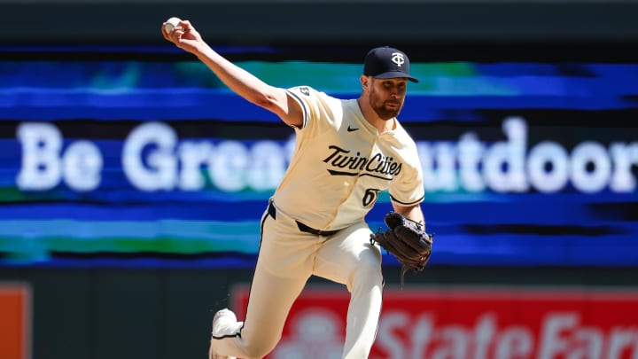 Apr 25, 2024; Minneapolis, Minnesota, USA; Minnesota Twins relief pitcher Brock Stewart (61) delivers a pitch against the Chicago White Sox during the eighth inning at Target Field. Mandatory Credit: Matt Krohn-USA TODAY Sports