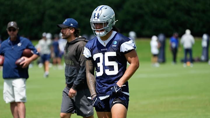 Jun 5, 2024; Frisco, TX, USA;  Dallas Cowboys linebacker Marist Liufau (35) goes through a drill during practice at the Ford Center at the Star Training Facility in Frisco, Texas.