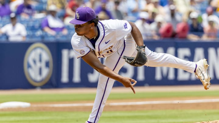 May 25, 2024; Hoover, AL, USA; LSU Tigers pitcher Aiden Moffett (0) pitches against the South Carolina Gamecocks during the SEC Baseball Tournament at Hoover Metropolitan Stadium. Mandatory Credit: Vasha Hunt-USA TODAY Sports