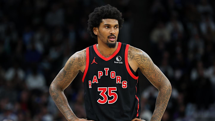 Apr 3, 2024; Minneapolis, Minnesota, USA; Toronto Raptors center Malik Williams (35) looks on during the third quarter against the Minnesota Timberwolves at Target Center. Mandatory Credit: Matt Krohn-Imagn Images