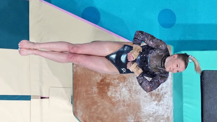 Jul 28, 2024; Paris, France; Jade Carey of the United States performs on the vault in womenís qualification during the Paris 2024 Olympic Summer Games at Bercy Arena. Mandatory Credit: Kyle Terada-USA TODAY Sports