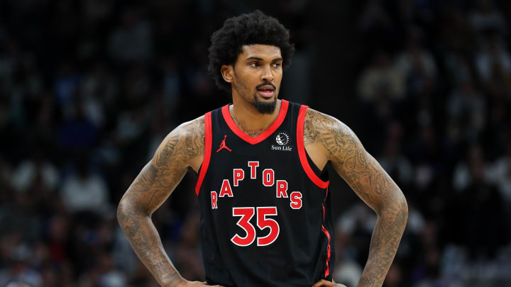 Apr 3, 2024; Minneapolis, Minnesota, USA; Toronto Raptors center Malik Williams (35) looks on during